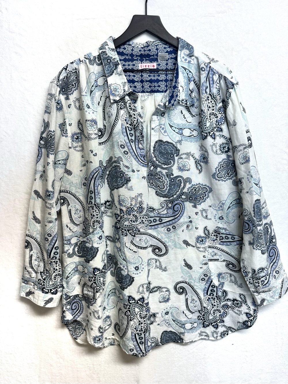 Tizzie Oversized XL  Blue Paisley Pocket Linen Cotton Coastal Tunic Top